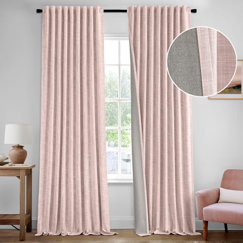 MIULEE Baby Pink 100% Blackout Linen Curtains 84 Inch 2 Panels Set Double Sided No Coating Pleated...