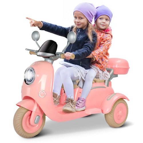 Letsgoride 12V Kids Ride on Motorcycle, 2 Seater Electric Moped with Storage Box, Music, LED Light, Horn, 2x50W Motors, Toddler 3- Wheel Ride on Motorbike for Girls Boys, Pink