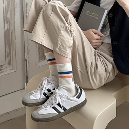 Image of Womens Solid Color Two Stripe Crew Socks Casual Athletic Smiling Face Ankle Socks for women Girls