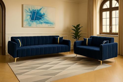 Image of FURNY Harmony 5 Seater Fabric 3+2 Sofa Set (Blue) with Premium Velvet & Golden Finish Legs | Durable & Comfortable | Ideal for Living Room