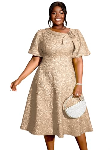 Image of AOMEI Women's Irregular Neck with Flower Short Puff Sleeve High Waist A-Line Jacquard Dress