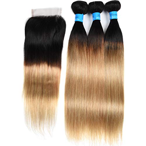 Ombre Straight Hair 3 Bundles With 44 Lace Frontal Closure 100% Brazilian Virgin Human Hair Extensions T1B/27 Color