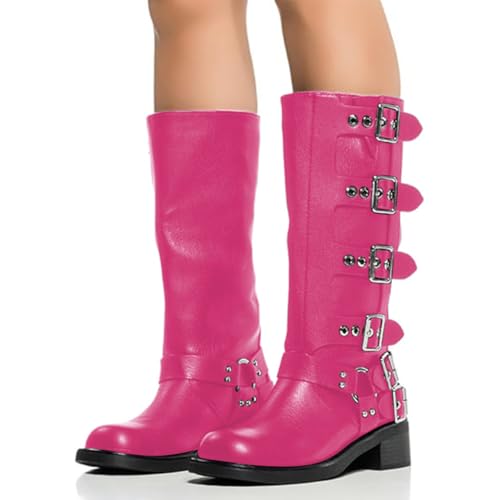FOWT Women Round Toe Knee High Boots Chunky Low Heel Riding Boots Strappy Buckle Stylish Daily Shoes Size 4-16 US2