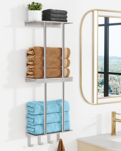 Towel Rack Wall Mounted, Bathroom Towel Storage with Shelf & 4 Hooks, 90CM Stainless Steel Wall Mounted Towel Holder, Brushed Nickel