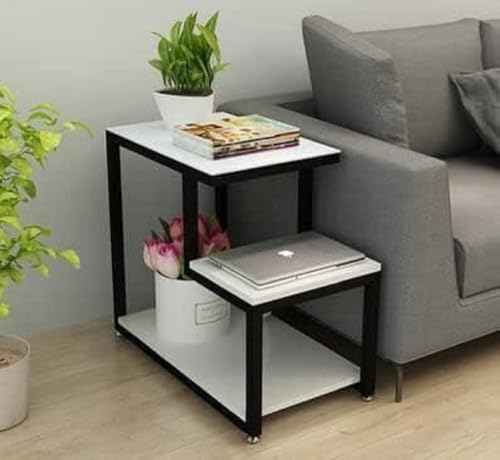 Image of 3 Tier Sofa Side Table, Modern Coffee Table Nightstands with Metal Frame and White MDF Desktop for Living Room Bed Room Decor (Black White)