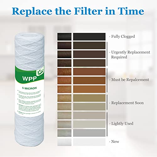 5 Micron String Wound Whole House Water Filter 10" x 2.5", 10-inch Universal Sediment Pre-Filters for Well Water, Replacement Cartridge for FXWSC, CW-F, CW-MF, 1SS, W5W, AO-WH-PRE-R2, 6-Pack