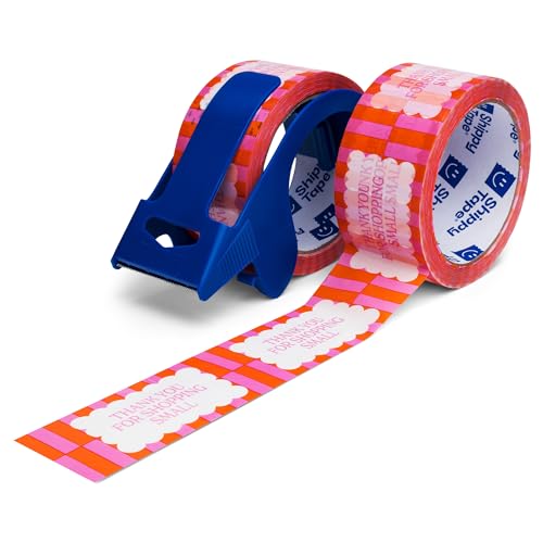 2 Rolls Plus Dispenser - Thank You Packing Tape for Small Business, Pink Cloud Cute Designer Decorative Printed Shipping and Packaging Tape (110 Yards Total)