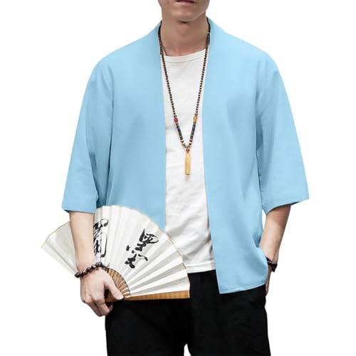 Image of PRIJOUHE Men's Kimono Jackets Cardigan Lightweight Casual Cotton Blends Linen Seven Sleeves Open Front Coat Outwear