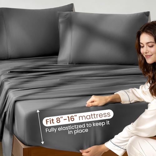 Image of 100% Egyptian Cotton Sheet Set 4 Pcs Queen Size Sheets 1000 Thread Count Breathable Soft Bedding Set Fitted Sheet with 16 inch Deep Pocket (Queen, Dark Gray)