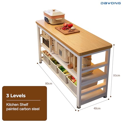 DAYONG 3-Tier Kitchen Island, 80CM Width Solid Island Counter, Kitchen Storage Rack with Thickened Worktop and Stable Steel Structure, Multi-functional Preparation Workbench (80CM Width)