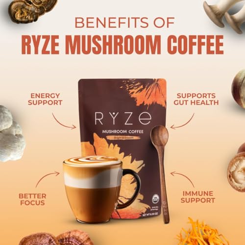 Image of RYZE SUPERFOODS Mushroom Medium Roast Coffee Starter Kit, USDA Organic Instant Coffee with 6 Adaptogenic Mushrooms and for Energy, Focus, Digestion, Immunity with Lions Mane & Turkey Tail 60 Serving