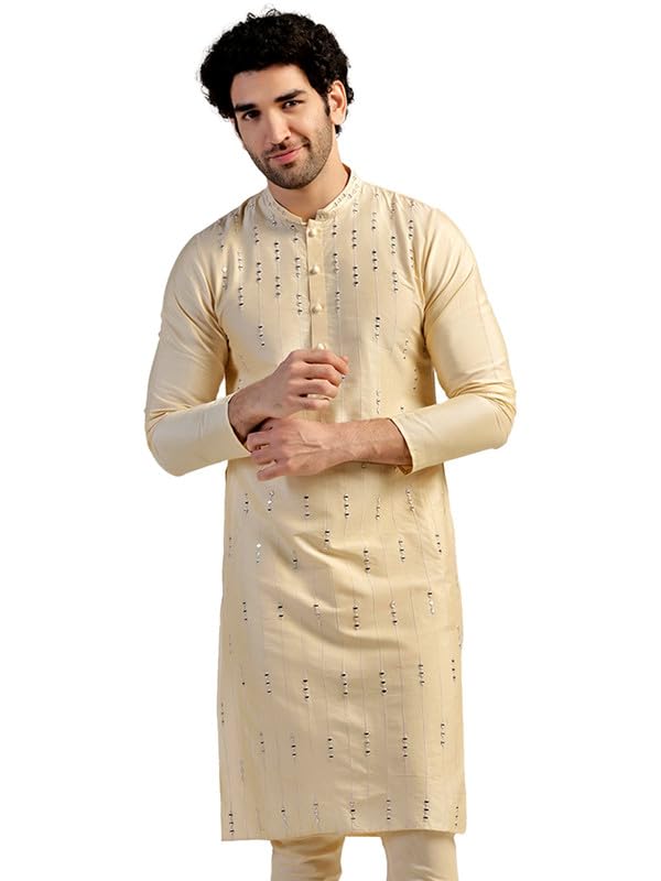 Kisah Men's Kurta, Cream Cotton Blend, Embellished Regular Fit Mandarin Collar Long Sleeves (38)