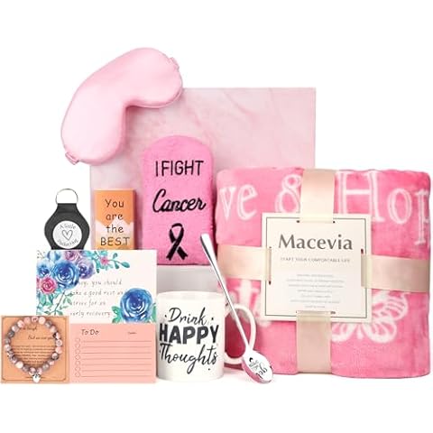 MACEVIA Breast Cancer Care Package Gift Box for Women-Get Well Soon Gift Basket Inspirational with Breast Cancer Blanket Throw, Cancer Socks, Mug, Bracelet, Pocket Hug for Cancer Patient - Pink Cover