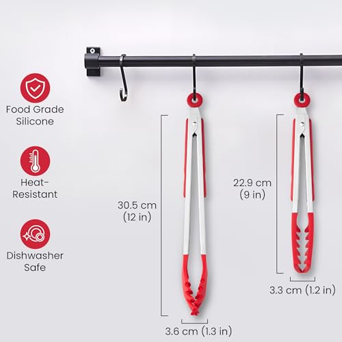 2 PCS Pasta Tong Spaghetti Tongs, 9-Inch & 12-Inch Heat Resistant Silicone Pasta Tongs Spaghetti Server With Teeth Silicone Tong for Serving Food, Cooking, Salad, Spaghetti Noodle, Non-stick (Red)