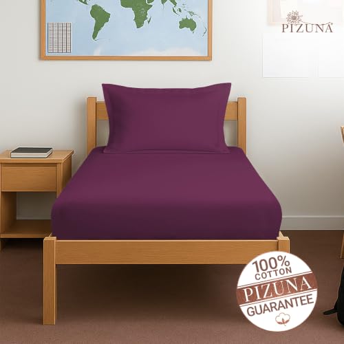 Image of Pizuna 100% Cotton Fitted Bedsheet Single Bed 400 Thread Count Long Staple Cotton Sateen Fitted Bedsheet 40x78 Inch with 1 Pillow Cover, Berry Plum Elastic Fitted Bedsheets Single Bed fits 12 Inch