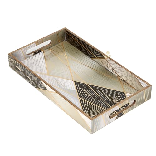 Image of Set of 3 Waterproof Lacquer Coated Wooden Trays - Geometric Abstract Design, Multipurpose MDF Serving Tray Set with Handles (16x10, 14x8, 12x6 Inches) (PremiumSetof3- Geometric)