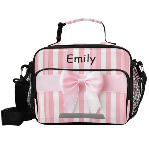 Custom Pink Ribbon Bow Kids Lunch Box, Personalized Name Girls Lunchbox