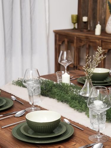 Image of Famiware Garden 12-Piece Embossed Plates and Bowls Sets, Stoneware Reactive Glaze Dishes Dinnerware Set, Modern Rustic, Chip & Scratch Resistant, Microwave & Dishwasher Safe, Service for 4, Dark Green