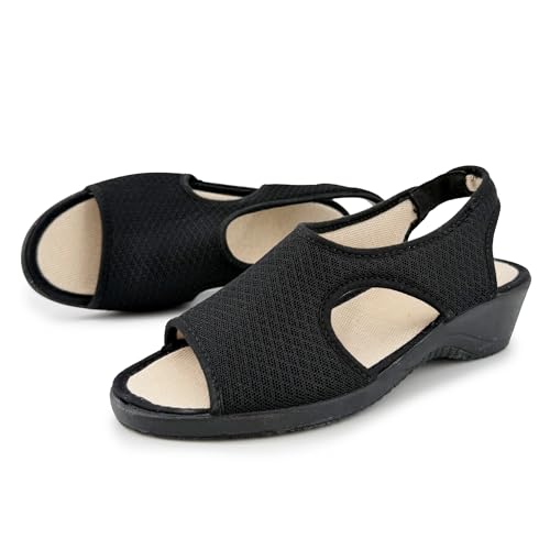 JOMIX Sandalias Ortopedicos Confort Mujer Rejilla Ligera Cuña Zapatos Peep Toe Señora Maior Suave Plantilla Perforada Talon Elastico Para Viaje Hotel Negro 40