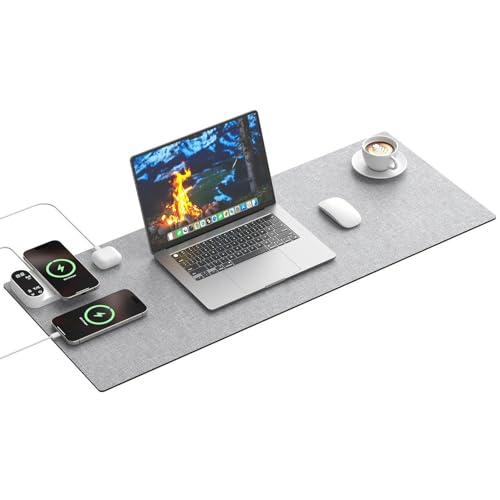 Heated Mouse Pad with 3-in-1 Charging (15W Magnetic Wireless + Type-C + USB-A), Waterproof Warm Desk Pad, 2â€“6H Auto-Stop Heating, Fabric & PU Leather Office Desk Mat, Large 31.5\" x 13\" / 33cm x 80cm