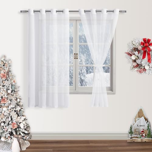 DWCN Curtains with Eyelets Transparent Voile Eyelet Curtain Sheer Voile Curtain with Curtain Ties White 160 x 132 cm (H x W)
