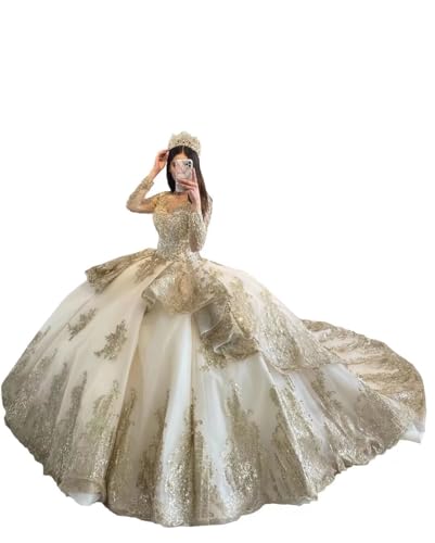 Puffy Ball Gown Quinceanera Dresses Gold Embroidered Rhinestones Ruffle Sweet 16 Dress 2025