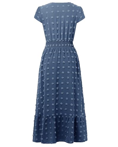 Image of CzzzyL Women Nursing Boho Maxi Dresses Cap Short Sleeve V Neck Swiss Dot High Waisted A-Line Ruffle Tiered with Pockets