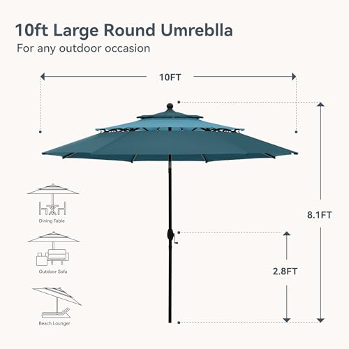 Image of PHI VILLA 10ft Outdoor Patio Umbrella for Outside, 3 Tier Vented Round Market Table Umbrella Windproof for Backyard, Deck, Garden, Cyan & Green (No Base)