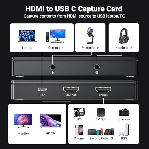 Image of UGREEN 4K Video Capture Card HDMI to USB C 3.0 1080P 60fps Recording 4K Passthrough 3.5mm Audio Headphone Microphone Compatible with Switch PS5 /4 Xbox TV Stick Laptop PC and Mac