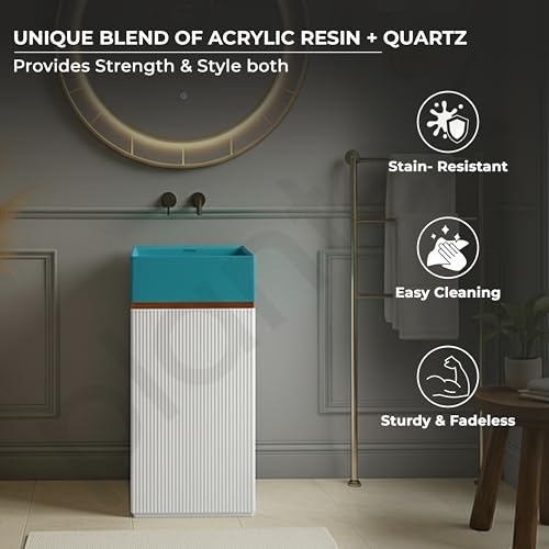 Image of Plantex Matt Acrylic Resin & Quartz Pedestal Basin For Bathroom /One Piece Pedestal Free Standing Square Wash Basin For Living Room /Hotel (Blue & White)
