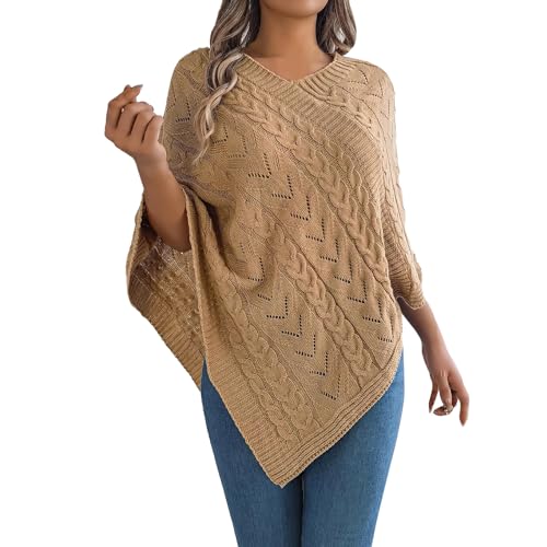 Duohropke Sudadera para mujer, poncho de punto con patrón trenzado, cuello redondo, poncho de punto, monocolor, manga larga, tops, jersey de invierno, jersey de punto oversized, manga larga, sudadera