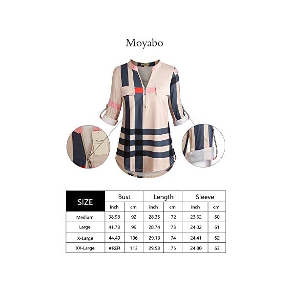 Moyabo-Womens-34-Cuffed-Sleeve-Zipped-V-Neck-Plaid-Tunic-Shirt-Blouses Moyabo Women's 3/4 Cuffed Sleeve Zipped V Neck Plaid Tunic Shirt Blouses