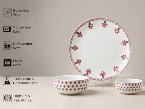 Image of Bodhi House Premium Porcelain Dinner Set 14 Pieces Serving for 6 | Pink Blossom Floral Design | Microwave & Dishwasher Safe | Crockery Set | Dinnerware Set for Home, Dining, Kitchen & Gifting