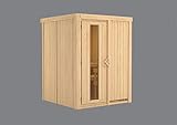 Karibu Elementsauna aus 68 mm starken Wandelementen ohne Dachkranz und ohne Ofen. Wände aus vorgefer