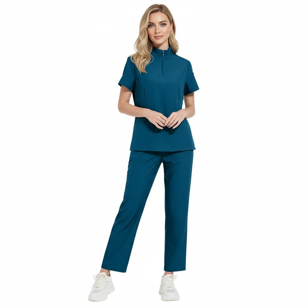 Set di scrub da donna con colletto in piedi e cerniera superiore con quattro tasche elasticizzati pantaloni da yoga per assistenza medica uniforme da lavoro salone di bellezza DK50