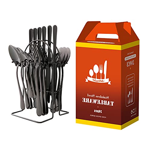 Ménagère acier inoxydable noir compatible lave-vaisselle avec rack de rangement