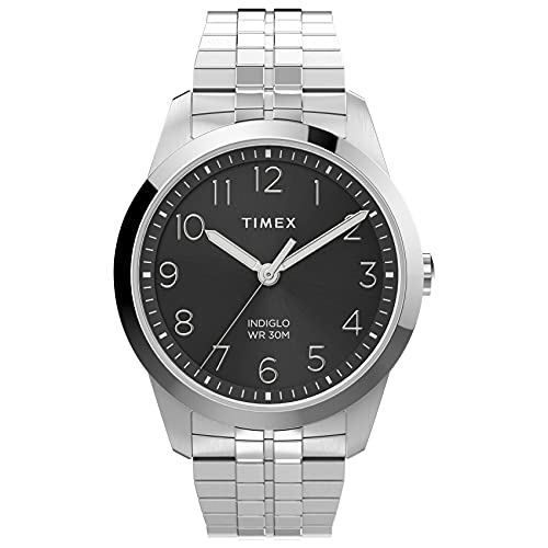 Timex Men's South Street Sport 36mm Perfect Fit Watch – Silver-Tone Case Black Dial with Silver-Tone Expansion Band