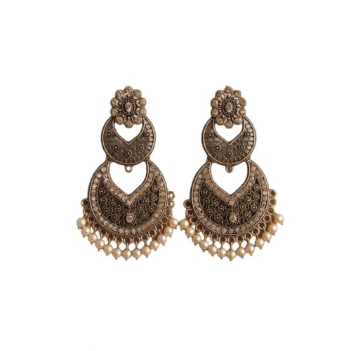Image of Traditional Chandbali Earrings, Antique Gold and Oxidised Silver, Floral Stud, Pearl Drops, Ethnic Indian Jewellery