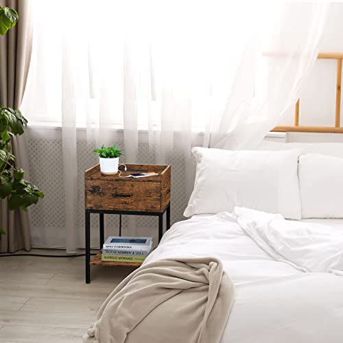 Oyeal Nightstand, End Table With Charging Station 2-Tier Side Table With Drawer And Storage Shelf, Rustic Small Night Stand For Bedroom, Living Room, Easy Assembly, Rustic Brown #TOP1