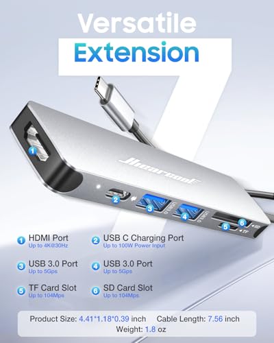 Image of Hiearcool USB C Hub Multi-Port Adapter, 7-in-1 USB-C Dongle with 4K HDMI 100W PD SD /TF Card Reader, USBC Dock Compatible for MacBook Pro /Air Dell XPS Lenovo HP and Other Windows Laptops-Sliver White