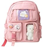 Mochila escolar Infantil e juvenil, Bolso Frontal, Alças Acolchoadas, grande capacidade, ursinho e broches, ideal para crianças de 6 a 13 anos (ROSA)