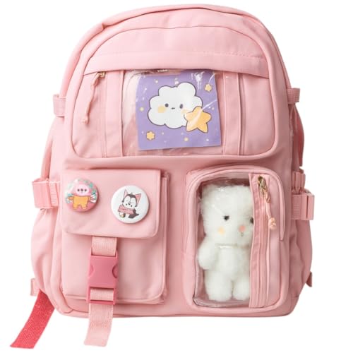 Mochila escolar Infantil e juvenil, Bolso Frontal, Alças Acolchoadas, grande capacidade, ursinho e broches, ideal para crianças de 6 a 13 anos (ROSA)