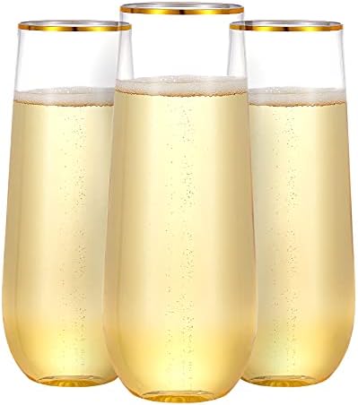 N9R 36 Pack Plastic Champagne Flutes, 9 Oz Stemless Disposable Gold Rim Toasting Glasses, Crystal Clear Cocktail Cups Drinkware Shatterproof Ideal for Party Wedding Birthday