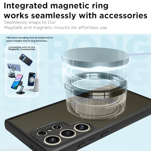 Image of RIGGEAR Shockproof Sleek Hybrid Armor 360 Rotating Magnetic Ring Stand Back Cover Case Compatible with MagSafe Accessories for Samsung Galaxy S23 Ultra (Clear PC + Black TPU Bumper)