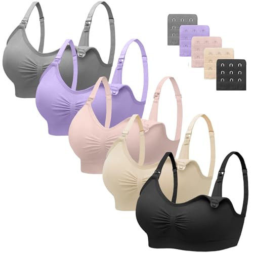 HBselect Sujetador Lactancia de Maternidad, 5 Pcs Sujetador de Lactancia Sin Costuras con Extensiones Sin Aros para Mujeres