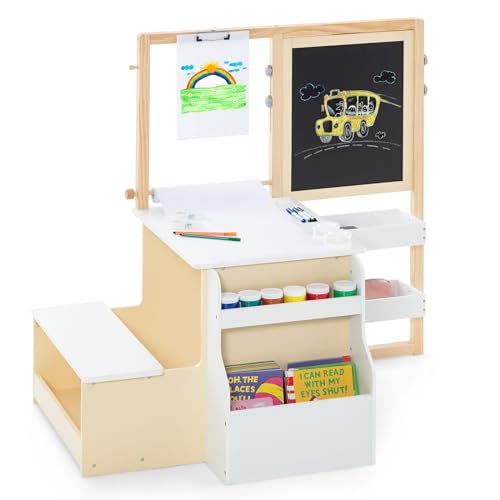 INFANS 3 in 1 Kids Art Table and Chair Set, Toddler Craft and Play Wood Activity Desk with Double-Sided Easel Blackboard Whiteboard, Paper Roll for Writing, Children Furniture for Daycare Nursery - image 9