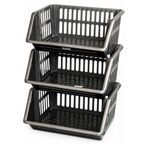 Lot de 3 paniers de rangement empilables en plastique Crème/gris Longueur 36 cm x profondeur 30 cm...