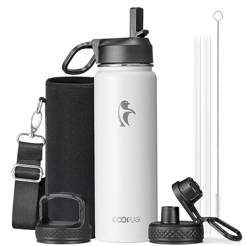 Coolflask 24 oz Insulated Water Bottle with Straw & 3 Leakproof Lids
