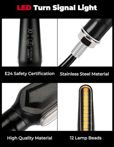 KEMIMOTO Motorrad Blinker, 12 V Super Hell LED Blinker, M8 Schwarz Universal Blinkerleuchten, E24 Mark Lauflichtblinker, IP67 Wasserdicht Tagfahrlicht für Motocross/Fahrrad, 2 Stück
