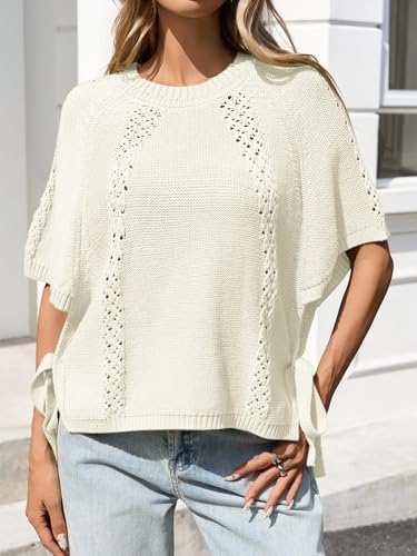 Saodimallsu Womens Summer Crochet Sweaters Batwing Cap Sleeve Cable Knit Crewneck Side Tie Casual Pullover Tops2